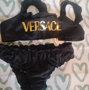 Versace Black Bikini Set with Gold Logo Print